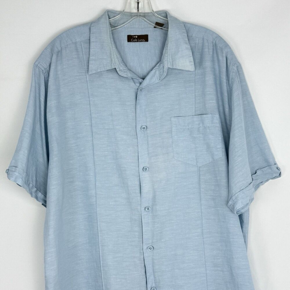 MENS BUTTON UP LINEN COTTON SHIRT BLUE XL SHORT SLEEVE CAFE LUNA LIGHT - Picture 3 of 16